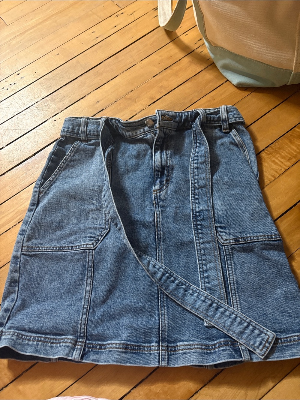 On 34th Denim A-Line Mini Skirt with Tie Belt - Blue